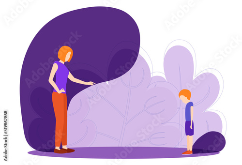 Child parent relationship, angry mother shadow abuse young son. Vector illustration. Family problem, struggle with stress, punishment between sad son and mother, with shadows reflecting the mood