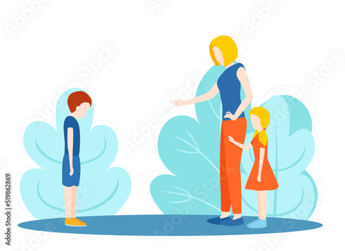 Child parent relationship, angry mother protects her daughter from another child. Vector illustration. Family situation, anti-bullying, punishing bullies, conversation, naughty. Domestic conflict