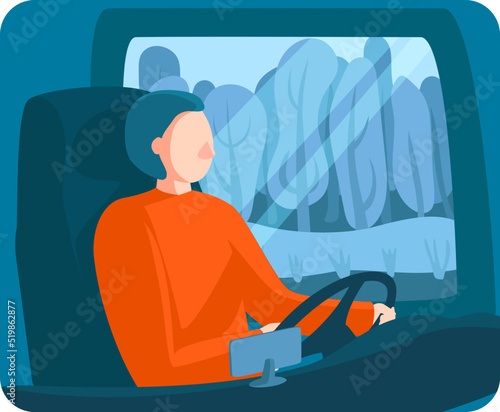 Truck driver work, large truck cabin, work transport, reliable vehicle, professional driver, cartoon style vector illustration.