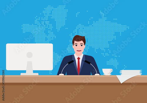 Press conference. Man standing at rostrum with microphones in auditorium with people, world map on background. Flat design graphics for web banners, websites, printed materials. Vector illustration