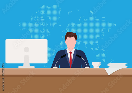 Press conference. Man standing at rostrum with microphones in auditorium with people, world map on background. Flat design graphics for web banners, websites, printed materials. Vector illustration