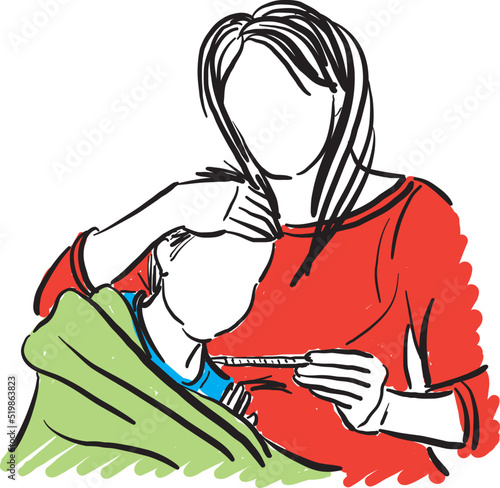 mother and son with fever checking temperature illness concept health care vector illustration