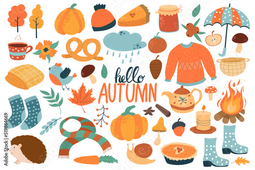 Vector set of autumn icons: sweater, falling leaves, cozy food, candles, book and cute hengehog. Scrapbook collection with autumn season elements. Bright background for the harvest.