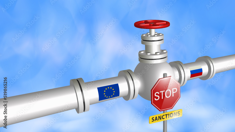 Vector 3d gas pipe with a red valve. A stop sign and a yellow plate with inscription sanction. Flags of the EU and Russia