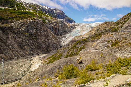 View of Exit Glacier on Kania Peninsula Alaska USA where it melts down into the beginning of a braided river