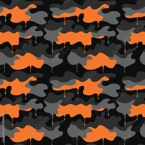  Abstract camouflage seamless trendy dark pattern with orange spots, vector background.