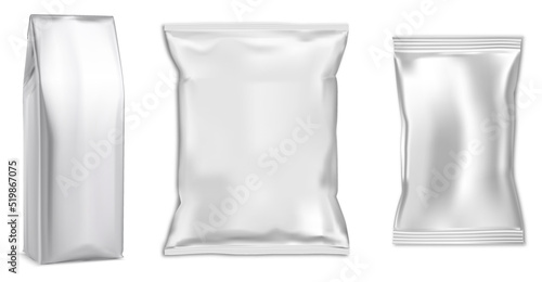 Foil pouch mockup, snack food sachet vector template. Silver coffee pouch, glossy design. Realistic gray napkin pillow bag, realistic illustration. Chips or chocolate packet for branding