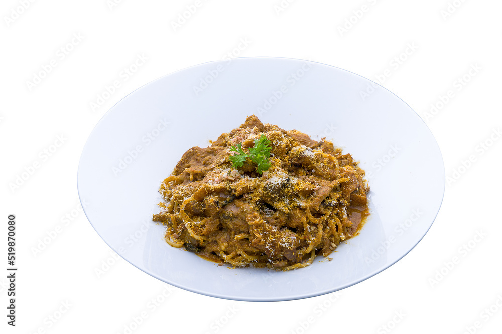 Laksa Lion Mane Spaghetti served in a dish isolated on plain white background side view Laksa Lion Mane Spaghetti served in a dish isolated on plain white background side view