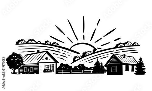 Rural landscape panoramic format with a farm and sunshine. Hand drawn Illustration in engraving style. Vector sketch illustration