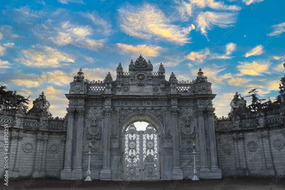 21.07.2022 İstanbul Turkey: Dolmabahçe Palace, which was used as a palace by the Ottomans, is located in Istanbul. Dolmabahce Palace Sovereign Gate