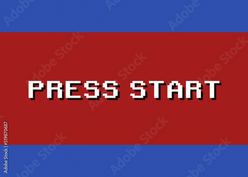 A message on a computer screen: press start. With side strips, like in the old-timey 8-bit retro video games. 