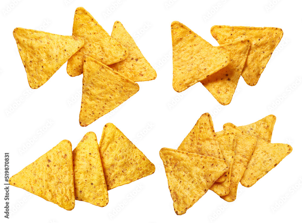 Delicious nachos chips collection, isolated on white background Delicious nachos chips collection, isolated on white background