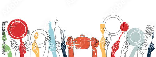 Cooking Background. Kitchen  pattern. Set of Hands with different utensils. Vector illustration. 