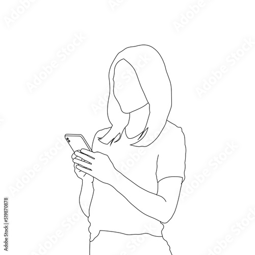 line art illustration of a girl with a phone in her hands