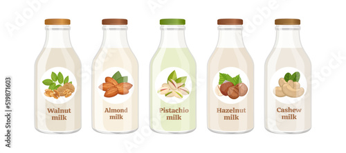 Vegan nut milk bottles. Alternative non-dairy vegetarian drink for plant based diet, healthy organic lactose free milk from almonds, cashews, hazelnut, walnut and pistachio