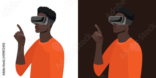 A handsome guy in virtual reality glasses, raised his hand and points with his finger. VR technologies, augmented reality, metaverse. Vector flat illustration, two background options.