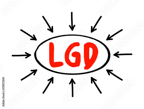 LGD - Loss Given Default is the share of an asset that is lost if a borrower defaults, acronym concept with arrows