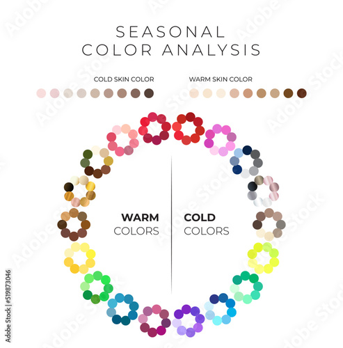 Seasonal Color Analysis Palette Wheel Vector with Cold and Warm Colors and Skin Shades on White Background
