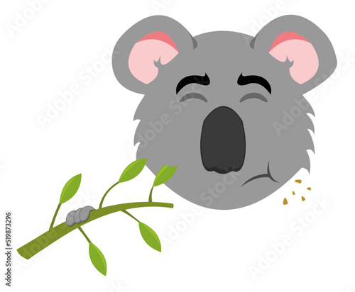 Vector illustration of the face of a cartoon koala eating a eucalyptus plant