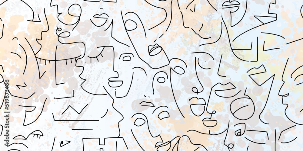 Obraz premium One line drawing. Abstract face seamless pattern.