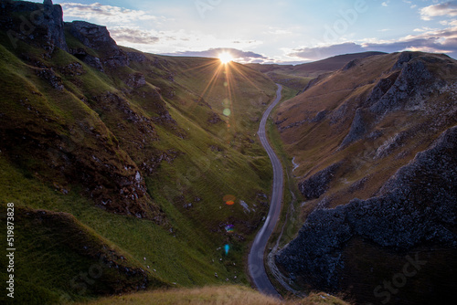 Winnats Pass in National Park Peak District in England before sunset 2022.