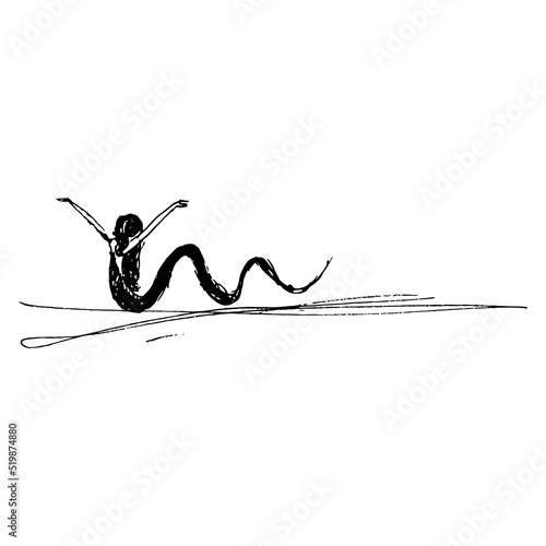 Fantastic snake lady with raised hands. Woman with serpent tail. Lamia or mermaid. Hand drawn linear doodle rough sketch. Black silhouette on white background.