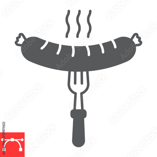 Sausage on fork glyph icon, meat and oktoberfest, bratwurst on fork vector icon, vector graphics, editable stroke solid sign, eps 10.