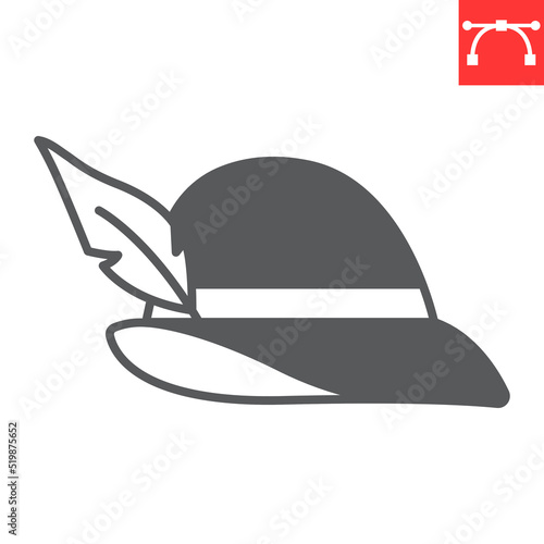 Tyrolean hat glyph icon, beverage and oktoberfest hat, germany hat vector icon, vector graphics, editable stroke solid sign, eps 10.