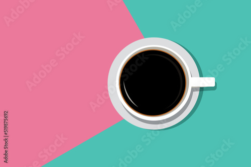 cup of coffee on the table, flat style. Mixed colors are calmly pink and blue-green. Vector illustration