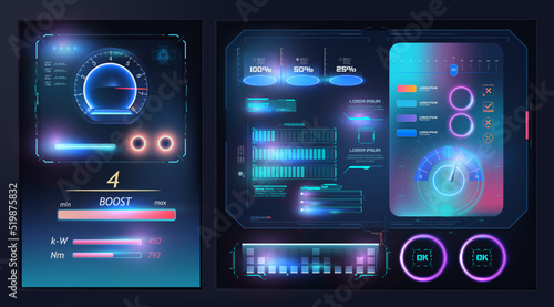 HUD, UI, GUI Futuristic User Interface. Dashboard, Scanning System infographic elements like scanning graph or waves. Cyberpunk graphs. Display with data for computing, virtual game. Blue neon color