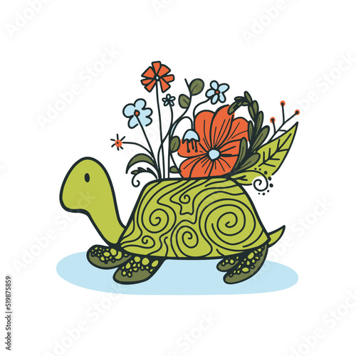 Illustration of a turtle with fun boho flowers 