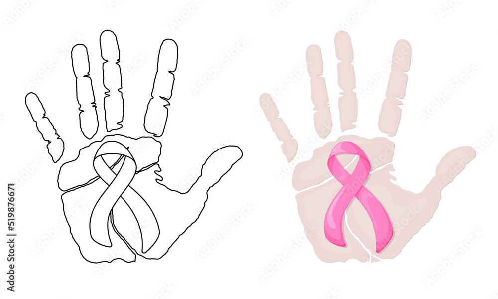 Set of vector illustrations Palm print with pink ribbon isolated on white background in casual style Set of vector illustrations Palm print with pink ribbon isolated on white background in casual style