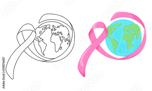 Set of vector illustrations Pink ribbon with planet earth isolated on white background in casual style