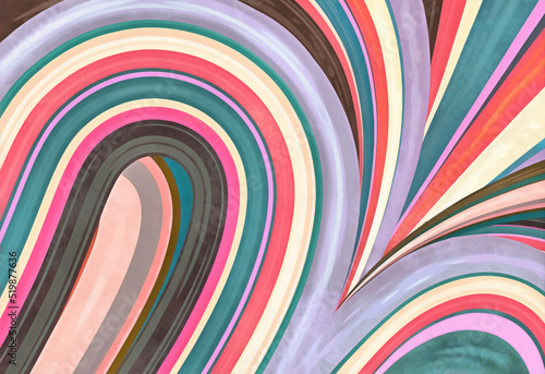 A swirling watercolor effect image in teals, purples and magentas; Inkscape of colored curved stripes.