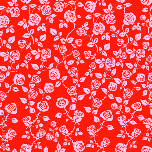 Light pink stylized flowers on a red background. Floral seamless pattern. Fabric texture.