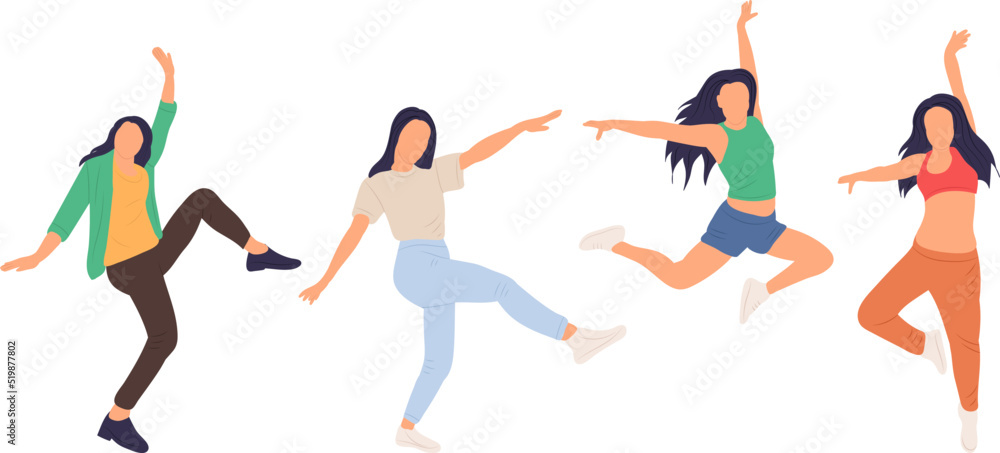 women dancing, jumping in flat style, isolated