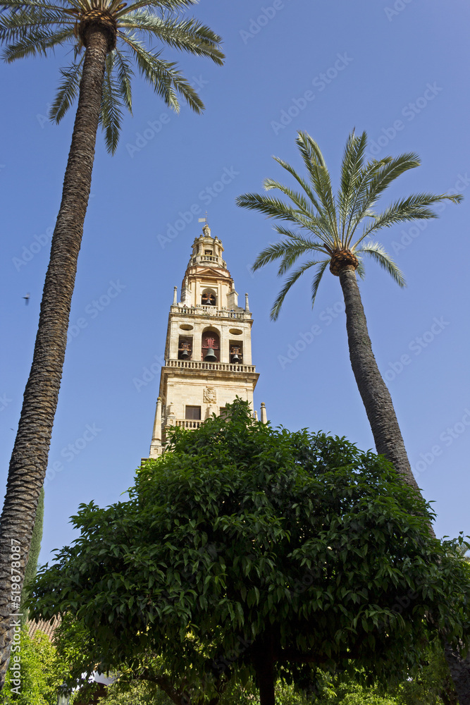 Tower of the Mezquita Cathedral of Cordoba on a bright sunny day, Andalusia, Spain.