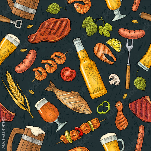 Seamless pattern beer tap, class, can, bottle and hop.