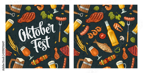 Seamless pattern beer glass, charcoal, sausage, kebab, fish and beef steak. Vintage vector engraving