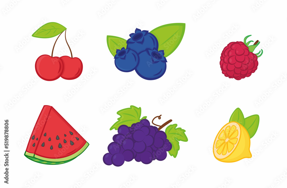 Colorful vector cartoon fruits set. Cherry, blueberry, raspberry, watermelon, grapes, lemon. - obrazy, fototapety, plakaty 