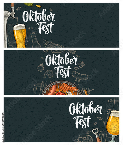 Horizontal poster to oktoberfest festival. Vintage color vector engraving