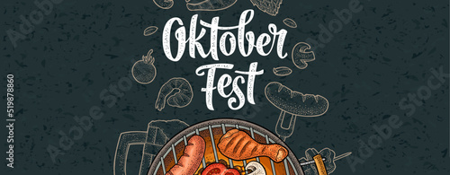 Horizontal poster to oktoberfest festival. Vintage color vector engraving