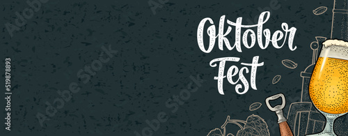 Horizontal poster to oktoberfest festival. Vintage color vector engraving