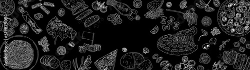 Italian cuisine top view frame. Engraved image. Italian cuisine frame. Vintage hand drawn sketch. Pizza and pasta hand drawn frame. Food menu design elements. Vector illustration. 