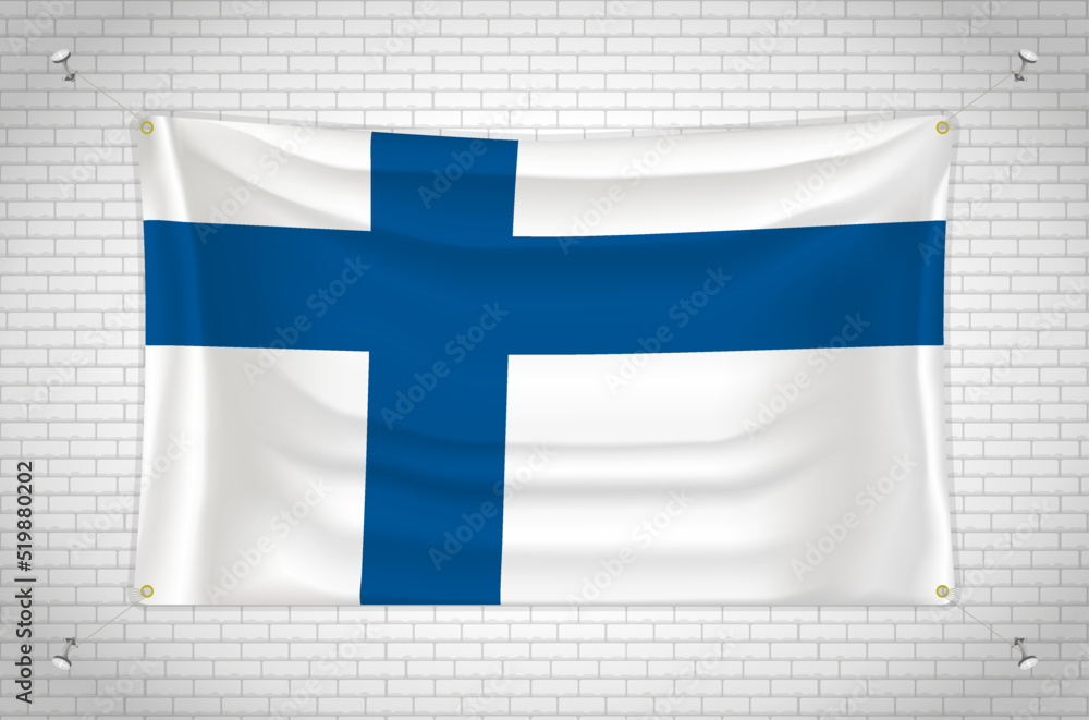 Obraz premium Finland flag hanging on brick wall. 3D drawing. Flag attached to the wall. Neatly drawing in groups on separate layers for easy editing.