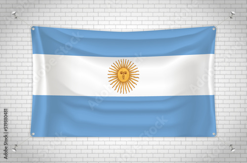 Argentina flag hanging on brick wall. 3D drawing. Flag attached to the wall. Neatly drawing in groups on separate layers for easy editing.