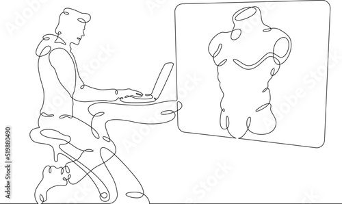 One continuous line.The man at the computer. 3D modeler at work. 3D modeling. Game Designer. Designer at laptop. One continuous line is drawn on a white background.