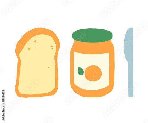 Toast slice, jam jar and knife vector illustration. Mini breakfast set isolated on white background