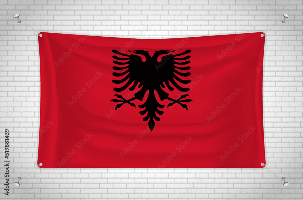 Albania flag hanging on brick wall. 3D drawing. Flag attached to the wall. Neatly drawing in groups on separate layers for easy editing. Albania flag hanging on brick wall. 3D drawing. Flag attached to the wall. Neatly drawing in groups on separate layers for easy editing.