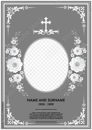 Memorial funeral card templates with flowers paper cut.